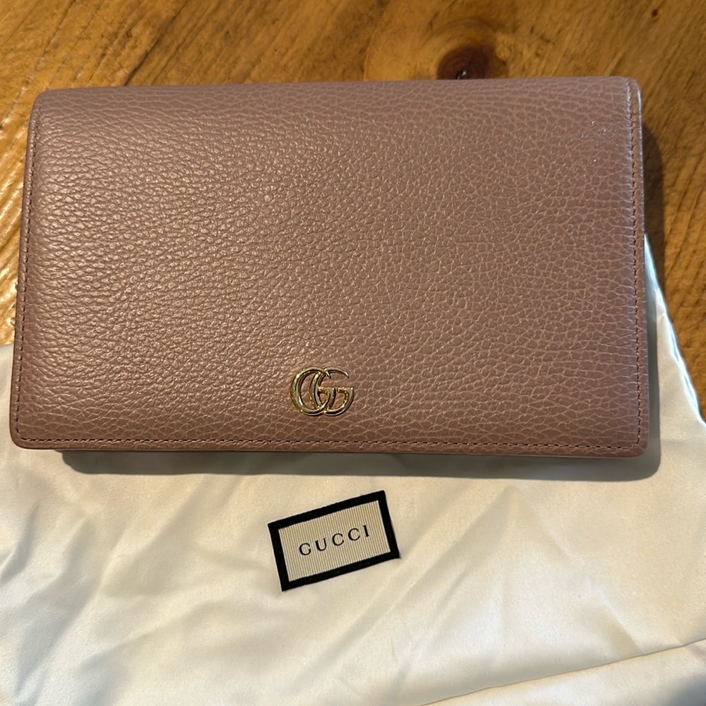 Gucci GH Marmont tan wallet on a chain